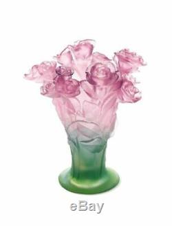 Daum Roses Vase 02570 Pink Green French Crystal Glass Art Made in France