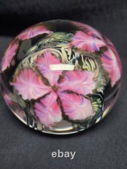 David Lotton Art Glass Paperweight Pink Purple Flowers Double Layered 1997 3.5
