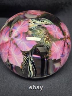 David Lotton Art Glass Paperweight Pink Purple Flowers Double Layered 1997 3.5