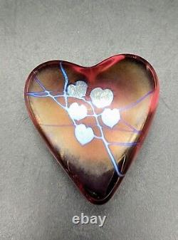 David Salazar Signed Art Glass Heart Paperweight Red Pink Iridescent Swirl