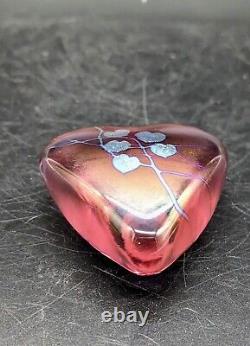 David Salazar Signed Art Glass Heart Paperweight Red Pink Iridescent Swirl