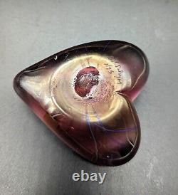 David Salazar Signed Art Glass Heart Paperweight Red Pink Iridescent Swirl