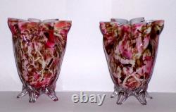 Decorative Pair Stevens & Williams Vases MURRHINA Crimped Pinks Roses Original