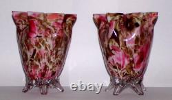 Decorative Pair Stevens & Williams Vases MURRHINA Crimped Pinks Roses Original