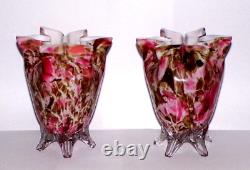 Decorative Pair Stevens & Williams Vases MURRHINA Crimped Pinks Roses Original