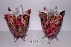 Decorative Pair Stevens & Williams Vases MURRHINA Crimped Pinks Roses Original