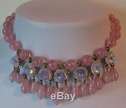 Delectable Vintage Pink Art Glass Rose Quartz Moonglow Dangle Necklace