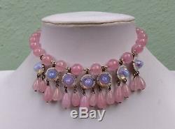 Delectable Vintage Pink Art Glass Rose Quartz Moonglow Dangle Necklace