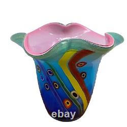 Double Cased Murano Style Art Glass Pink Blue Multi Milleflori 8.5 Ruffle Vase