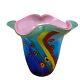 Double Cased Murano Style Art Glass Pink Blue Multi Milleflori 8.5 Ruffle Vase