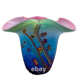 Double Cased Murano Style Art Glass Pink Blue Multi Milleflori 8.5 Ruffle Vase
