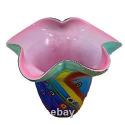 Double Cased Murano Style Art Glass Pink Blue Multi Milleflori 8.5 Ruffle Vase