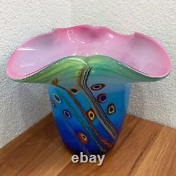 Double Cased Murano Style Art Glass Pink Blue Multi Milleflori 8.5 Ruffle Vase