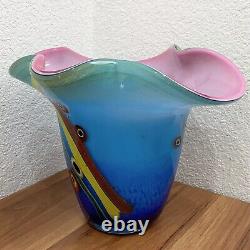 Double Cased Murano Style Art Glass Pink Blue Multi Milleflori 8.5 Ruffle Vase