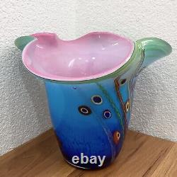 Double Cased Murano Style Art Glass Pink Blue Multi Milleflori 8.5 Ruffle Vase