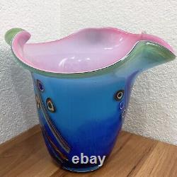 Double Cased Murano Style Art Glass Pink Blue Multi Milleflori 8.5 Ruffle Vase