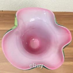 Double Cased Murano Style Art Glass Pink Blue Multi Milleflori 8.5 Ruffle Vase