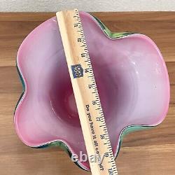 Double Cased Murano Style Art Glass Pink Blue Multi Milleflori 8.5 Ruffle Vase