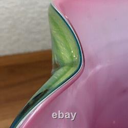 Double Cased Murano Style Art Glass Pink Blue Multi Milleflori 8.5 Ruffle Vase