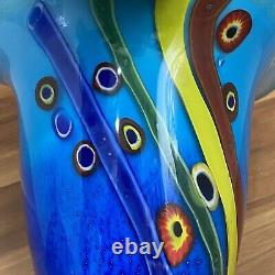 Double Cased Murano Style Art Glass Pink Blue Multi Milleflori 8.5 Ruffle Vase