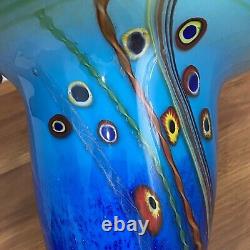 Double Cased Murano Style Art Glass Pink Blue Multi Milleflori 8.5 Ruffle Vase