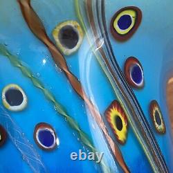 Double Cased Murano Style Art Glass Pink Blue Multi Milleflori 8.5 Ruffle Vase