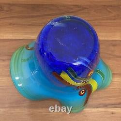 Double Cased Murano Style Art Glass Pink Blue Multi Milleflori 8.5 Ruffle Vase