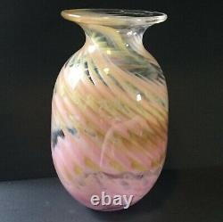 Doug Sweet Studio Art Glass Vase Pink YellowithGreen Swirl 6.5 c. 1977 Signed