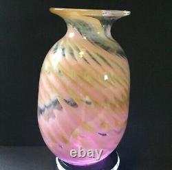 Doug Sweet Studio Art Glass Vase Pink YellowithGreen Swirl 6.5 c. 1977 Signed