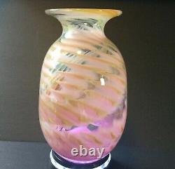 Doug Sweet Studio Art Glass Vase Pink YellowithGreen Swirl 6.5 c. 1977 Signed