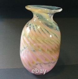 Doug Sweet Studio Art Glass Vase Pink YellowithGreen Swirl 6.5 c. 1977 Signed