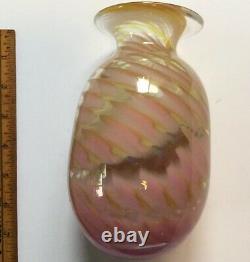 Doug Sweet Studio Art Glass Vase Pink YellowithGreen Swirl 6.5 c. 1977 Signed