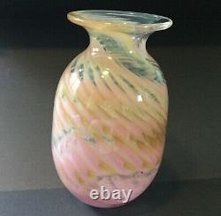 Doug Sweet Studio Art Glass Vase Pink YellowithGreen Swirl 6.5 c. 1977 Signed