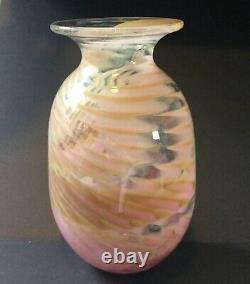 Doug Sweet Studio Art Glass Vase Pink YellowithGreen Swirl 6.5 c. 1977 Signed