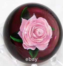 ELEGANT Rick AYOTTE Mini Pink ROSE over Cranberry Ground Art Glass PAPERWEIGHT