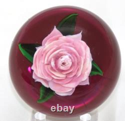 ELEGANT Rick AYOTTE Mini Pink ROSE over Cranberry Ground Art Glass PAPERWEIGHT