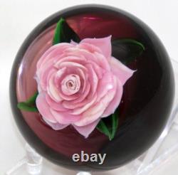 ELEGANT Rick AYOTTE Mini Pink ROSE over Cranberry Ground Art Glass PAPERWEIGHT