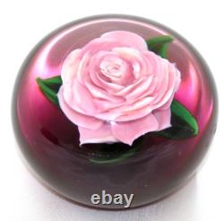 ELEGANT Rick AYOTTE Mini Pink ROSE over Cranberry Ground Art Glass PAPERWEIGHT