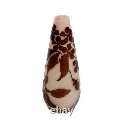 Emile Galle Acid Etched Cameo Art Glass 5.75in Vase Pink Brown Blossoms c1900