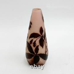 Emile Galle Acid Etched Cameo Art Glass 5.75in Vase Pink Brown Blossoms c1900