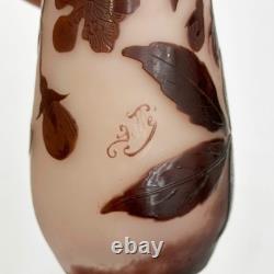 Emile Galle Acid Etched Cameo Art Glass 5.75in Vase Pink Brown Blossoms c1900