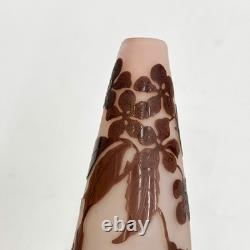 Emile Galle Acid Etched Cameo Art Glass 5.75in Vase Pink Brown Blossoms c1900