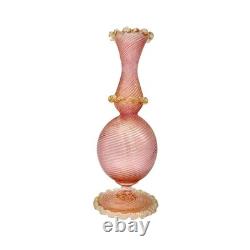 Ercole Barovier Murano Pink Ribbed Bud Vase Gold Fleck Ribbon Art Glass 7.5