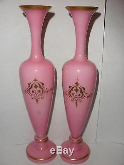 Exquisite Antique 19th Pair Moser Bohemian pink glass vases cameo portrait