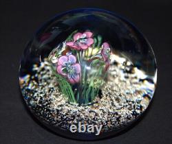 Exquisite Pink Flower Art Glass Paperweight with Shimmering Accents