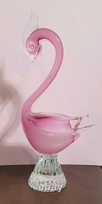 Exquisite Vintage Murano Sommerso Art Glass Swan -Opaline & Pink 14H