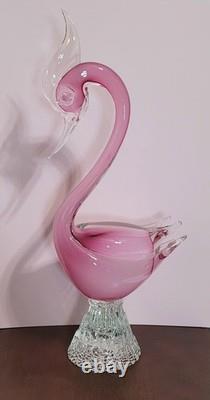 Exquisite Vintage Murano Sommerso Art Glass Swan -Opaline & Pink 14H