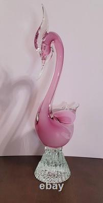 Exquisite Vintage Murano Sommerso Art Glass Swan -Opaline & Pink 14H
