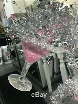Extra large 3 Cocktail glass pink 3D glitter art with mirrored frame