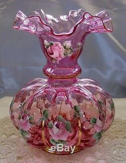 FENTONGLASSVINTAGE40sHD PAINTCHARLETON ROSESRUBY OVRL(CRANBERRY)SRC-8VASE